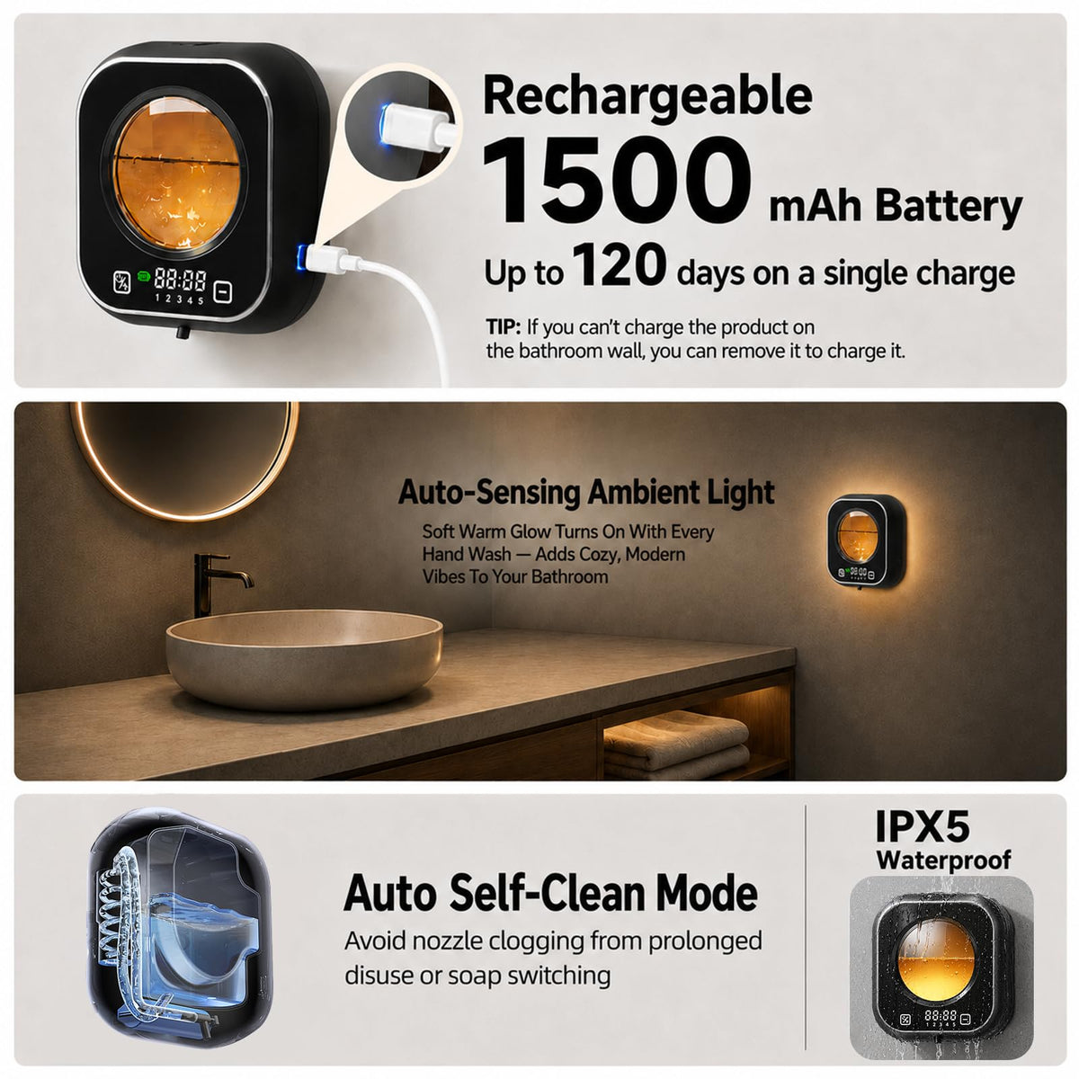 Automatic Soap Dispenser Touchless, Wall Mount, Rechargeable, Mood Lighting Black