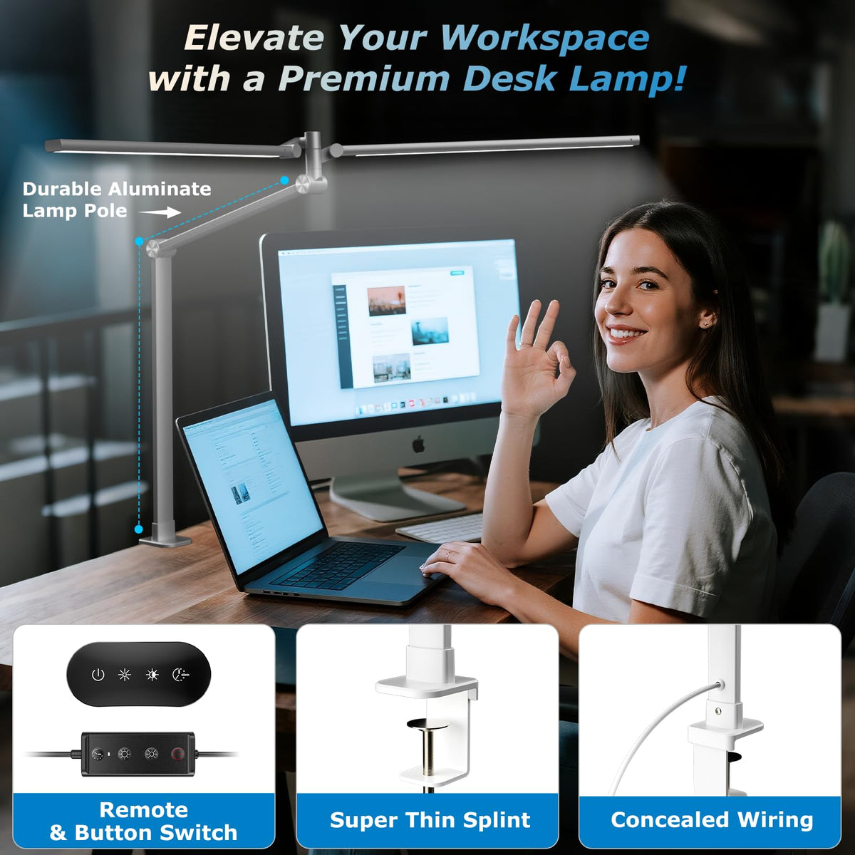 Airlonv LED Desk Lamp with Clamp, 17" Stepless Dimming Light, Black Standard