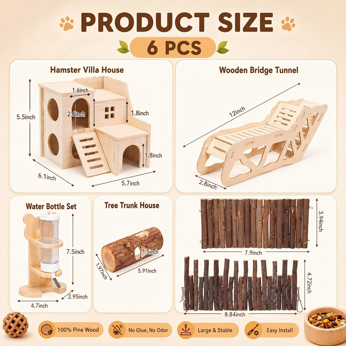 BreezeHug 6 Pcs Wooden Hamster Cage Accessories, Hamster Tunnels, Stylish
