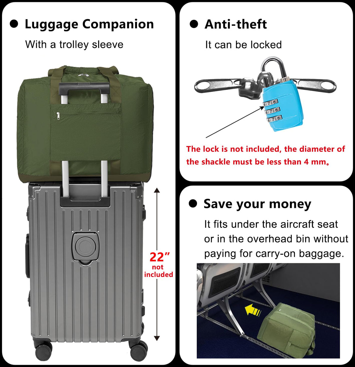 Foldable Travel Duffle Bag with Trolley Sleeve 40L Travel Bag Black