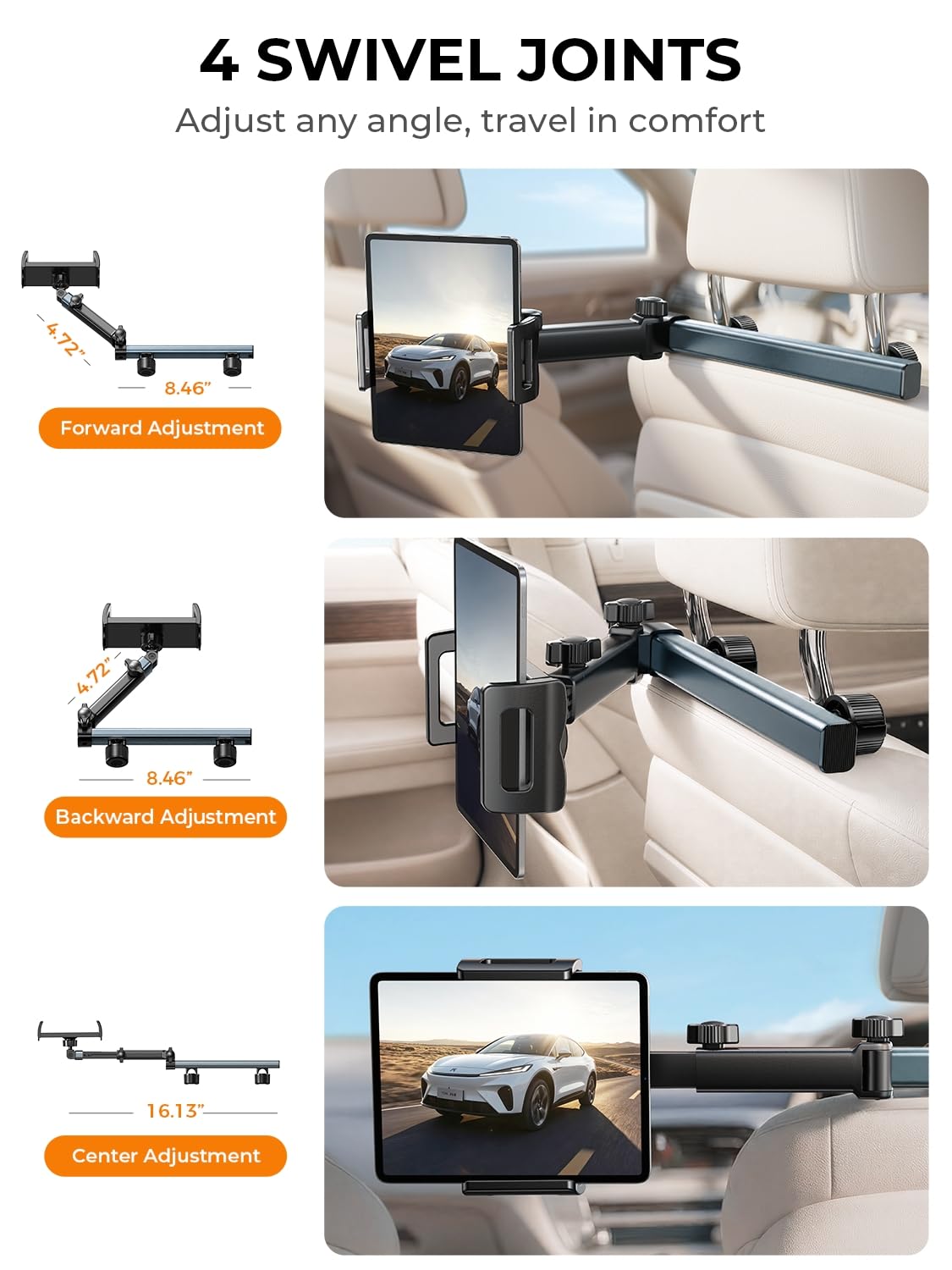 LISEN iPad Holder for Car Tablet Mount, 4 in 1 Adjust Arm Back Seat Stand 4.7-11.5“ Device