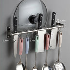 ASkinds Utensil Hanging Rack Stainless Steel Rail Hanger Rod Wall Mounted Pot Pan Lid Holder Cookware Storage Organizer with Sliding Hooks for Kitchen Bathroom