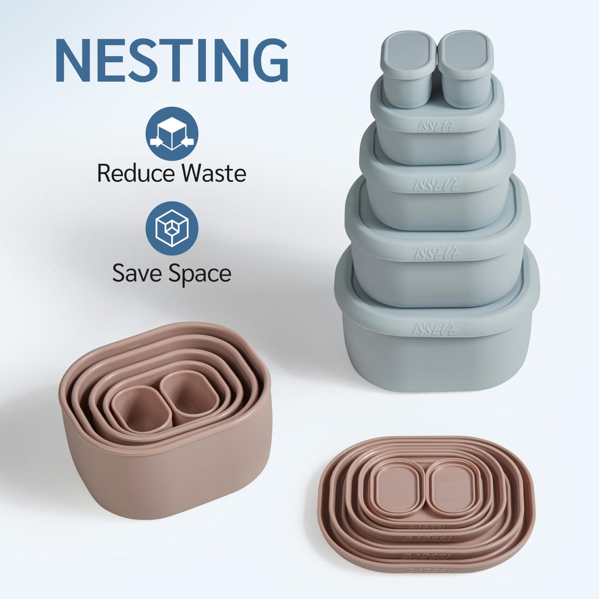 ISSEVE 12Pcs/Set Nesting Silicone Food Storage Containers with Lids Blue