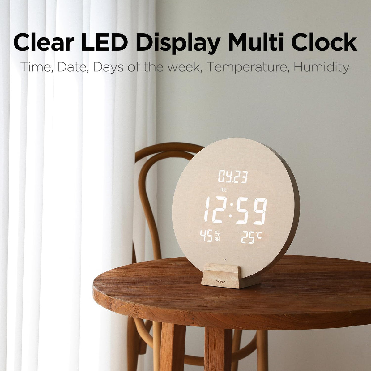 mooas Wood Moon Cordless Mini Digital LED Wall Clock, Date, Temperature Wood Moon (Cordless Mini)