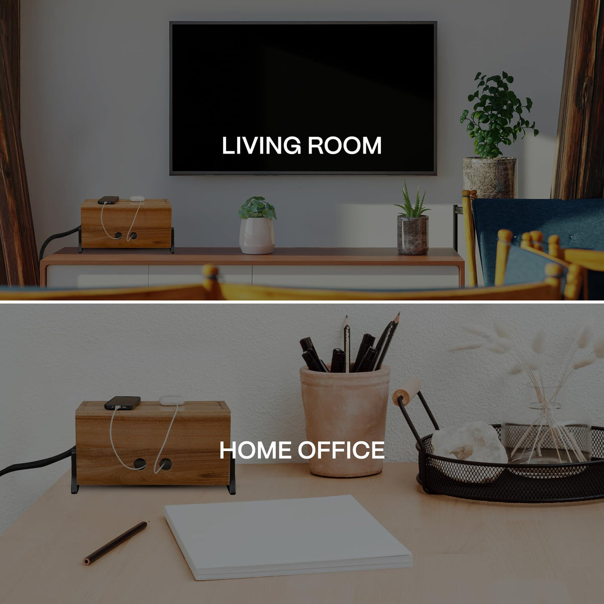 Large Wooden Cable Management Box and Cord Organizer