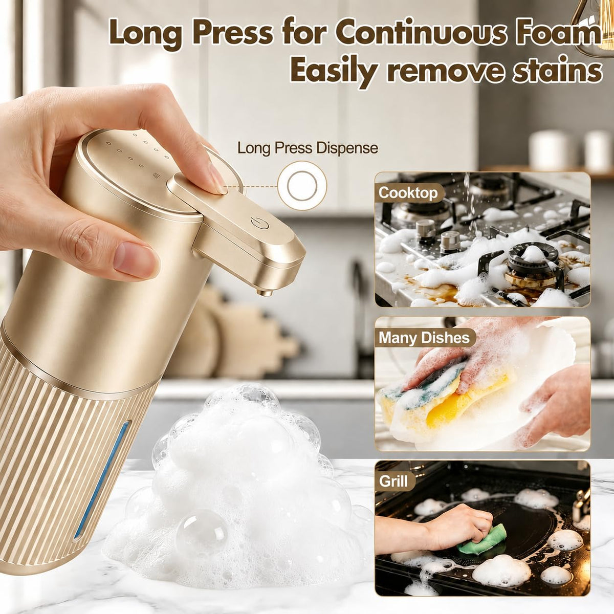 Automatic Soap Dispenser, Foaming Soap Dispenser Touchless with Continuous Dispensing, 4-Level Adjustable, Rechargeable Hand Soap Dispensers, Wall Mounted or Countertop for Bathroom & Kitchen Gold