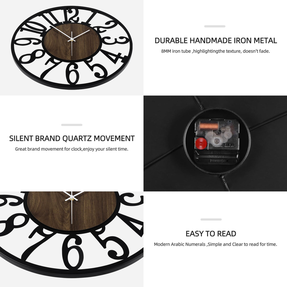 Maxstar Round Wall Clock for Living Room Decor Battery Operated Non Ticking Black Metal Wood Clocks for Home Living Room Garden Office Kitchen Decoration -16 inch Black-arabic Numerals 16 Inch