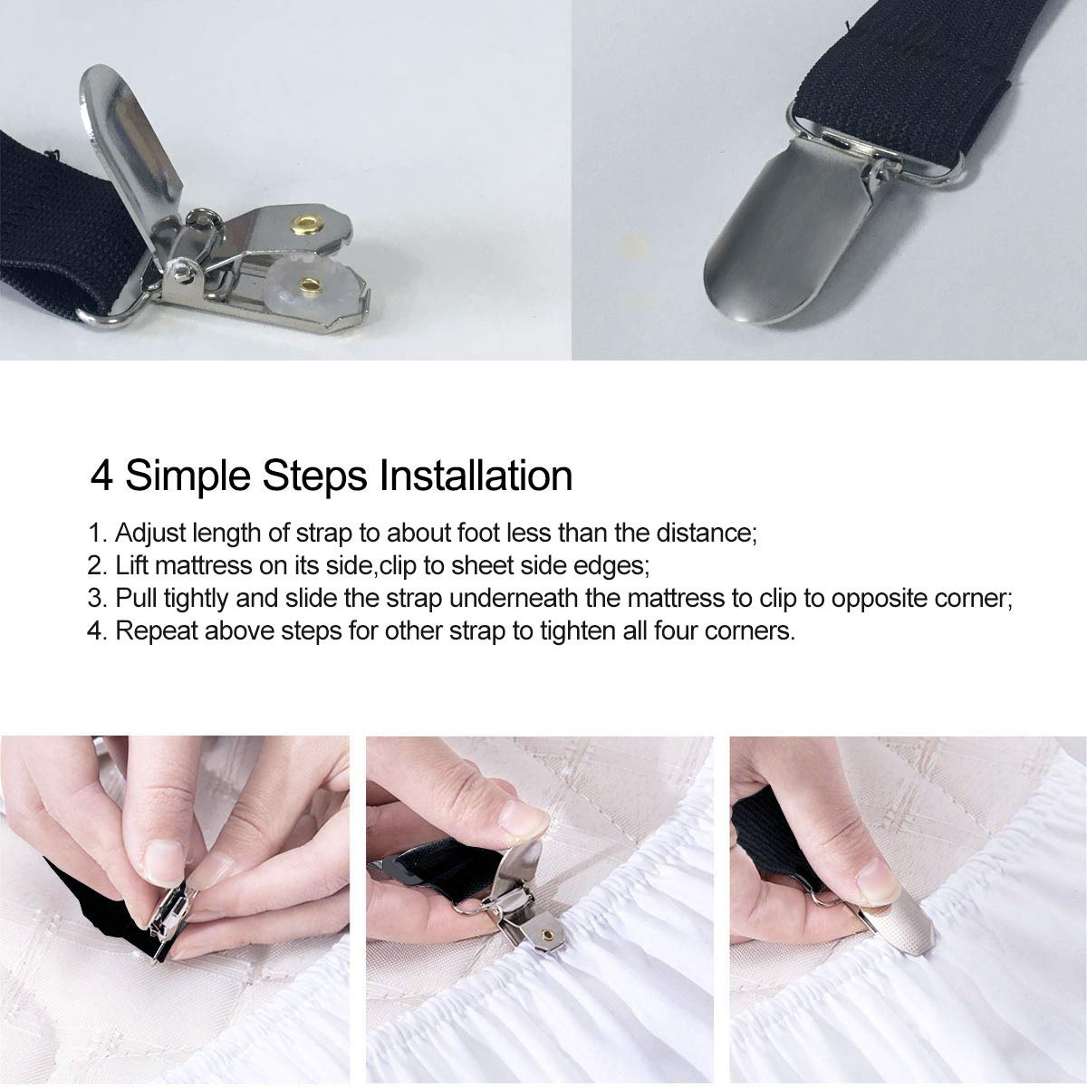 Bed Sheet Clip Straps - 2 Way Adjustable Crisscross Sheet Corner Holder Straps Gripper Elastic Sheet Band Mattress Straps Fasten Suspenders(2 Set/4Pcs, Black) Black 4pcs Set