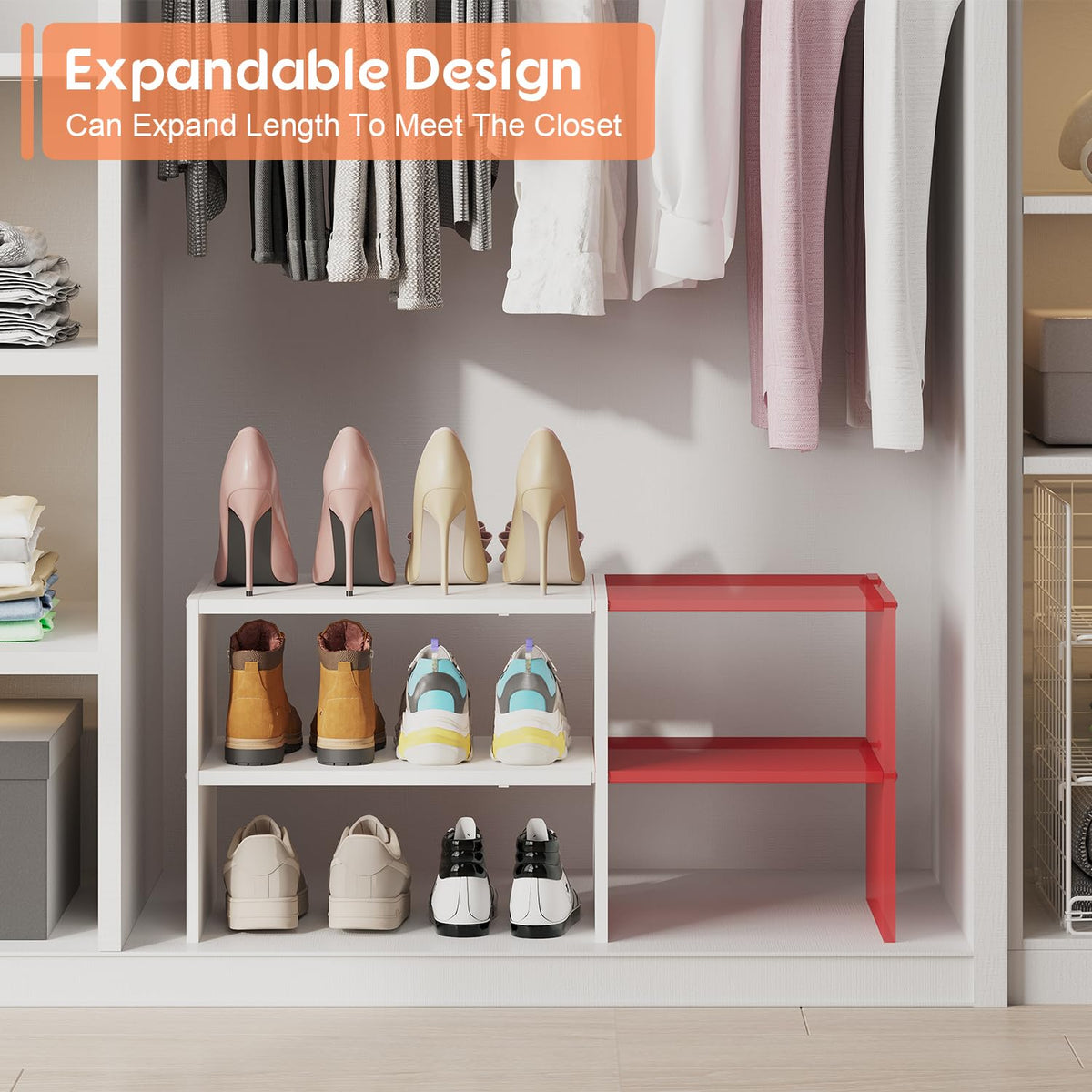 3-Tier Expandable White Shoe Rack Organizer for Closet, Stackable Shoe Racks Storage Shelf, Small Metal Wood Combination Shoe Shelves for Closets,Entryway,Front Door, Narrow Space,Hallway,8-16 Pairs 1 PACK(3-Tier）
