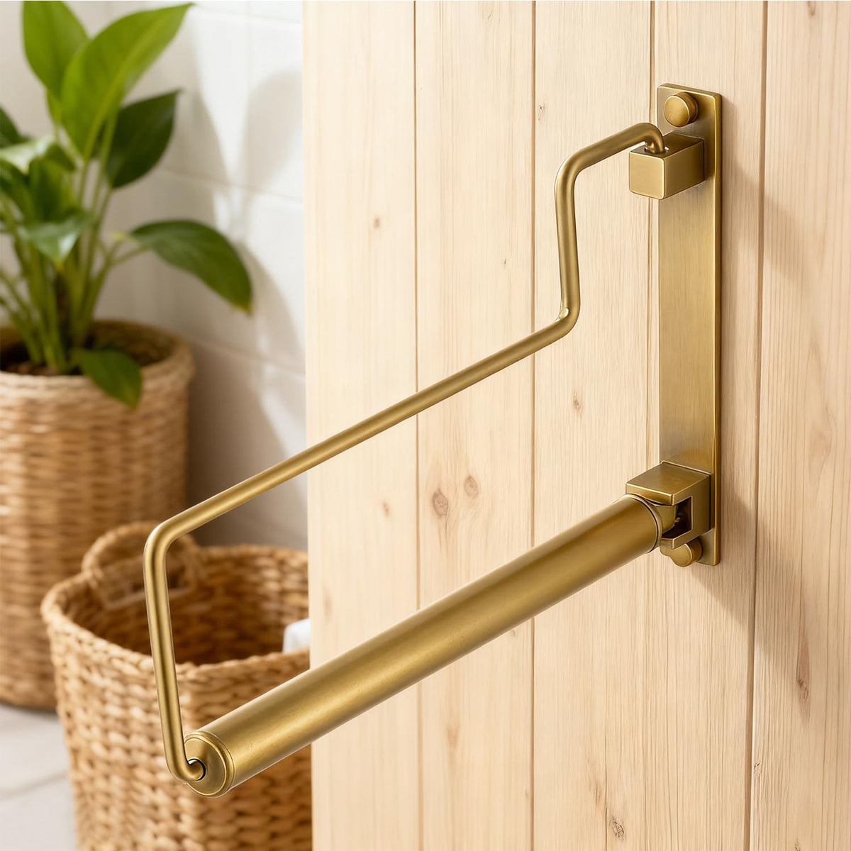 NEWRAIN Folding Wall Mounted Clothes Hanger Rack Clothes Hook Solid Brass with Swing Arm Holder Clothing Hanging System Closet Storage Organizer Heavy Duty Drying Rack Wall Mount,Brushed Gold Triangle Brushed Gold