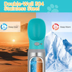 Portable Dog Water Bottle, 14 OZ Stainless Steel Pet Water Dispenser Button switch 14 OZ - Blue