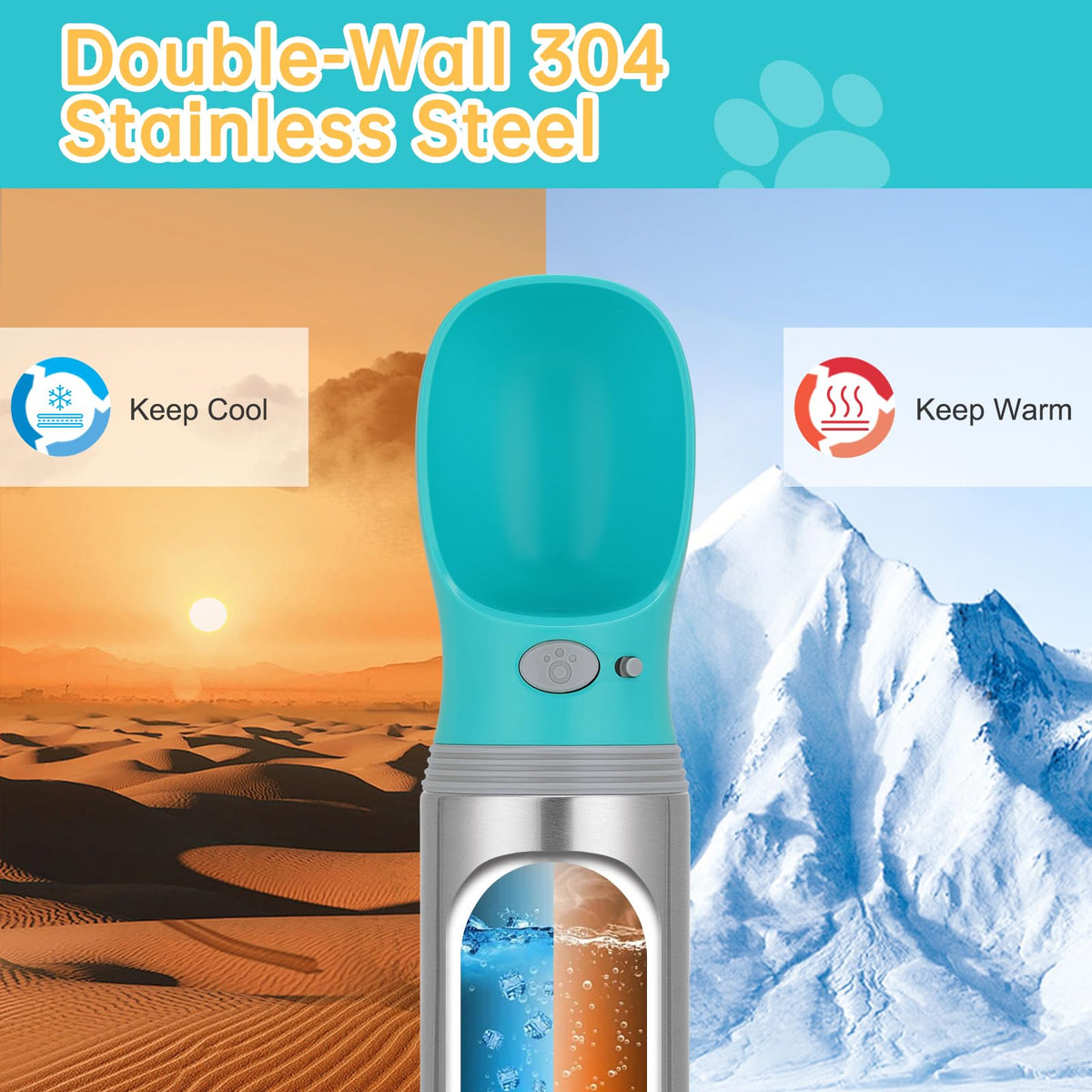 Portable Dog Water Bottle, 14 OZ Stainless Steel Pet Water Dispenser Button switch 14 OZ - Blue