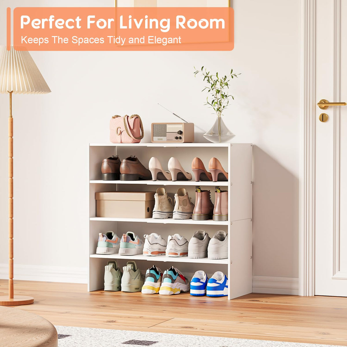 3-Tier Expandable White Shoe Rack Organizer for Closet, Stackable Shoe Racks Storage Shelf, Small Metal Wood Combination Shoe Shelves for Closets,Entryway,Front Door, Narrow Space,Hallway,8-16 Pairs 1 PACK(3-Tier）