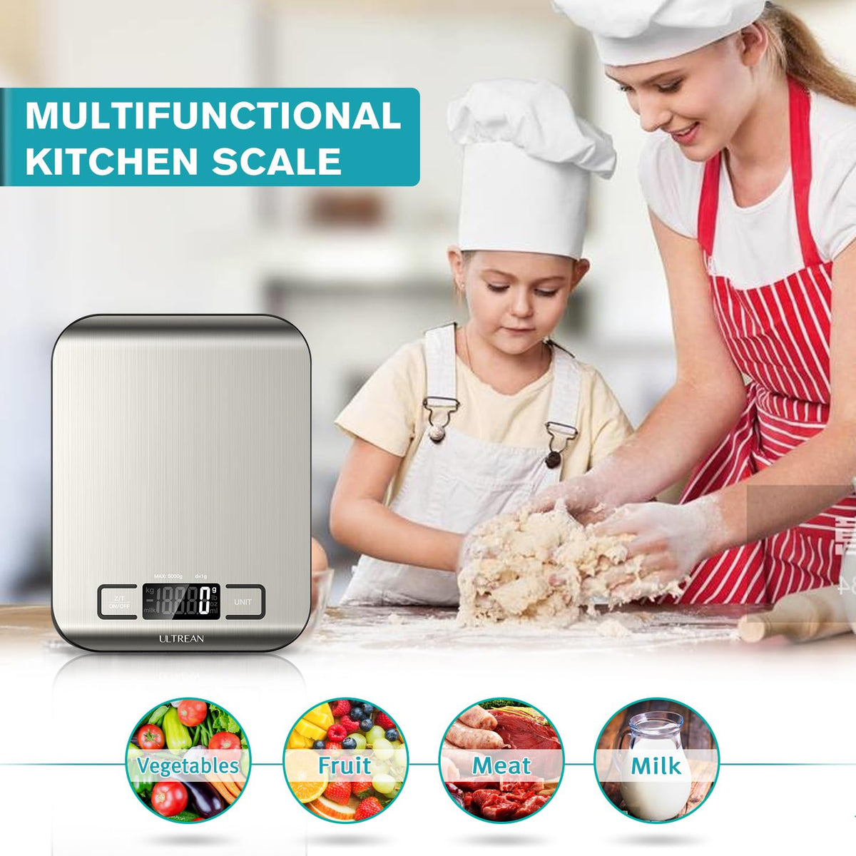 Ultrean Smart Food Kitchen Scale with Nutritional Calculator, APP for Calorie & Macro Tracking, AI Powered, Goal Progress, Digital Calorie Scale for Weight Loss, Stainless Steel, 22lb XX-Large