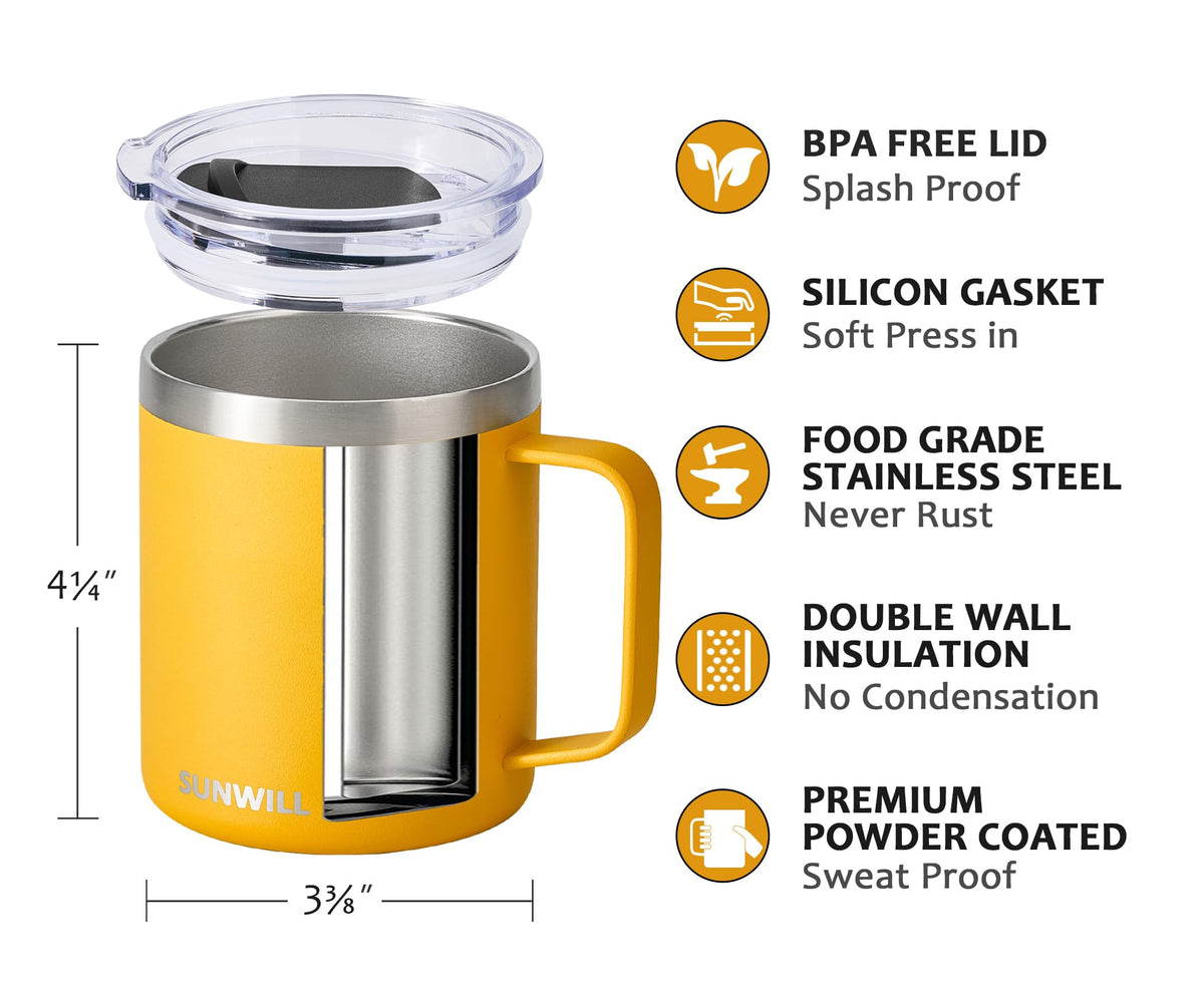 SUNWILL Insulated Coffee Mug, Stainless Steel 14 oz, Splash-Proof Lid Powder Coated Navy Blue 14 Ounces