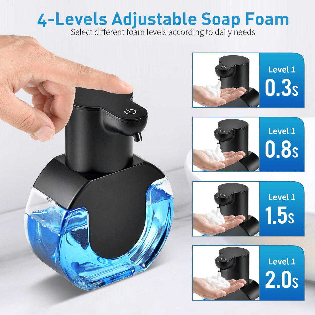 Automatic Foaming Soap Dispenser, 15oz/420ml Smart Hand Soap Dispensers, Touchless Wall Mount with 4-Level Adjustable, Rechargeable Foaming Hand Soap Dispenser for Bathroom Kitchen Office Black 1