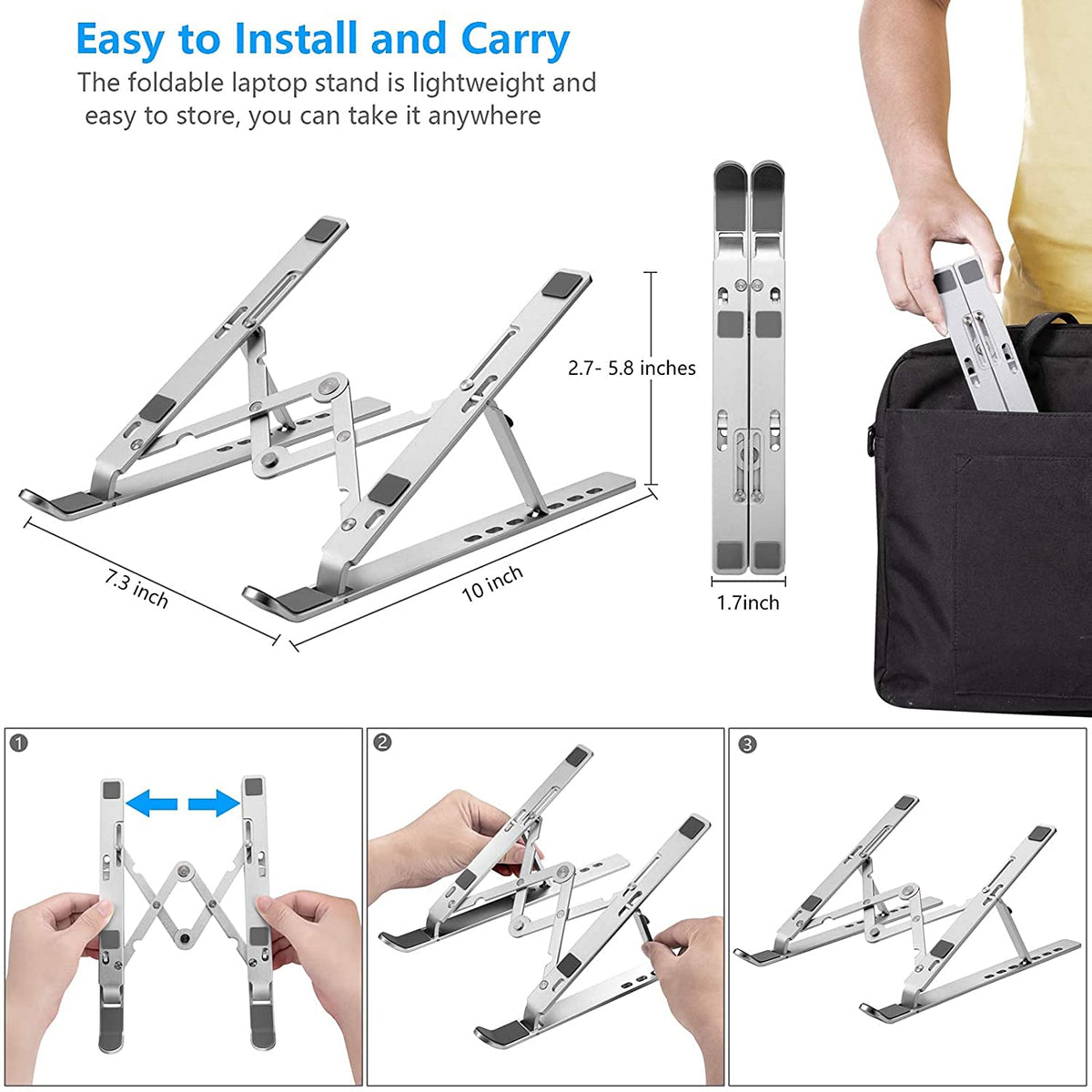 Leeboom Laptop Stand for Desk, Adjustable Foldable Aluminum Riser, Silver