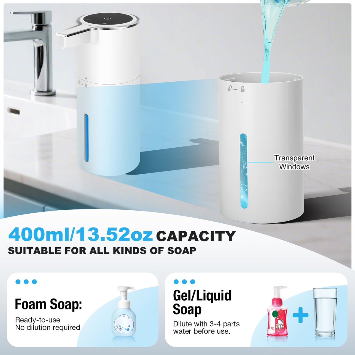 Automatic Soap Dispenser Touchless, 13.5oz Rechargeable Liquid Pump Black Liquid