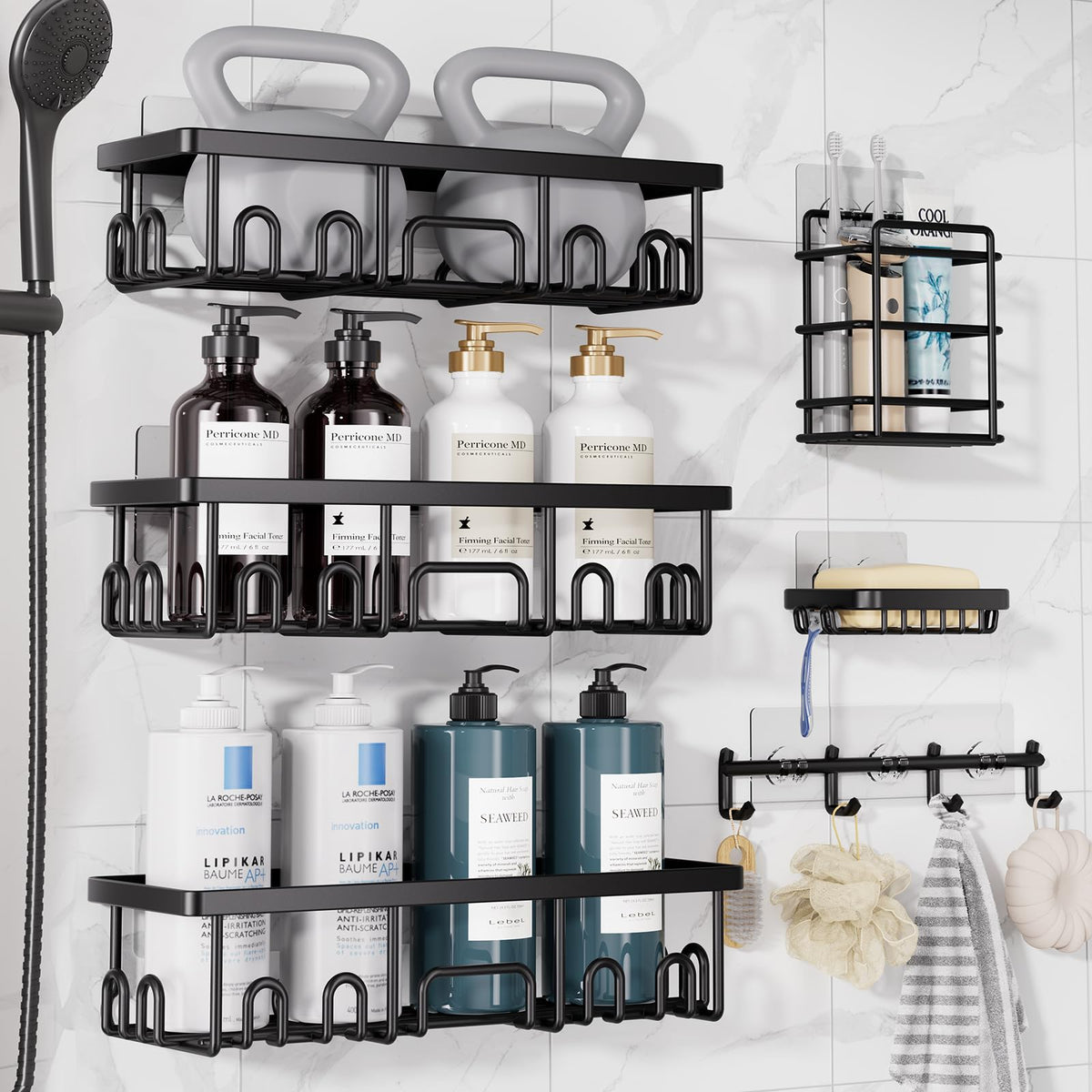 Veken Shower Caddy 6-Pack, Bathroom Organizers and Storage Shelves, Black