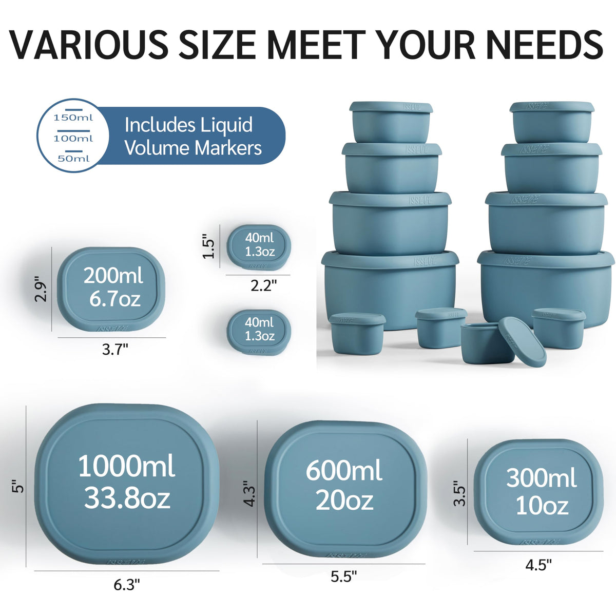 ISSEVE 12Pcs/Set Nesting Silicone Food Storage Containers with Lids Blue