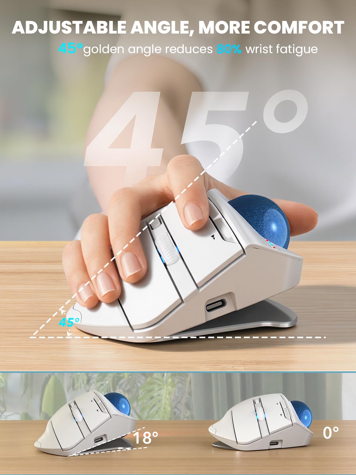 Ergonomic Wireless Trackball Mouse, Rechargeable Adjustable 0°/18° Angle Gray ball