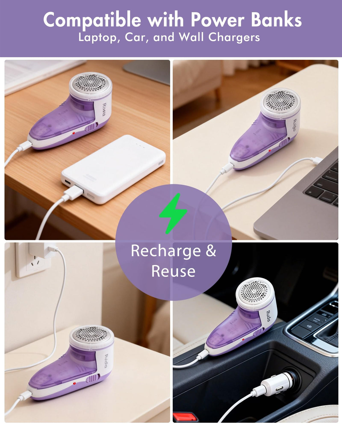 Ruidla Fabric Shaver Lint Shaver Defuzzer, Rechargeable Lint Remover Purple Rechargeable Size