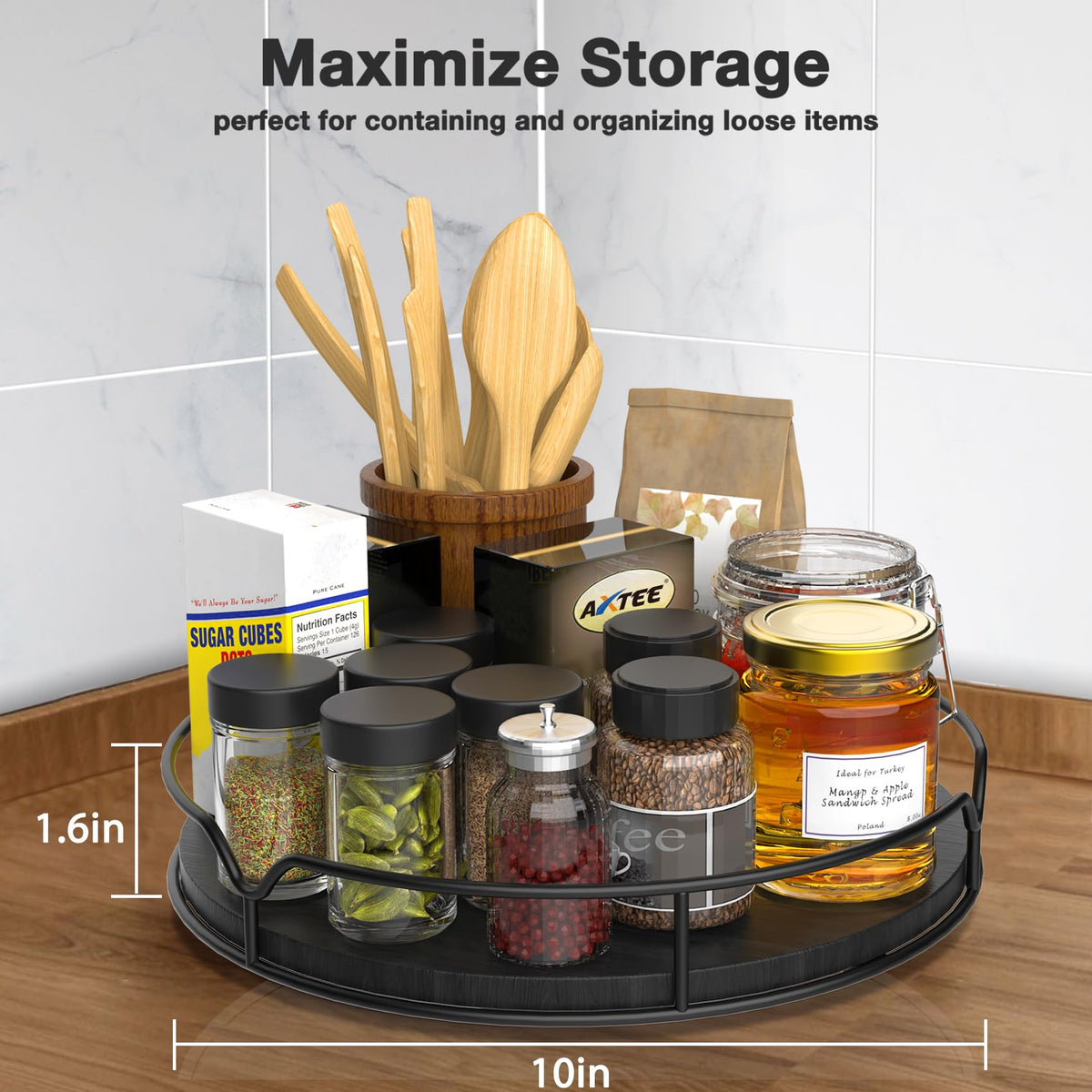 Lazy Susan Turntable Organizer for Cabinet Pantry Kitchen Countertop Refrigerator Cupboard, Pine Wood, 9", Carbonized Black 9''
