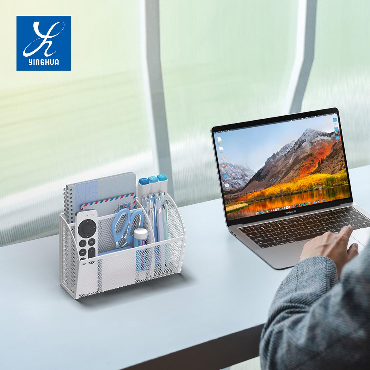 YINGHUA 3 Compartment Magnetic Metal Mesh Pen Holder, White Desk Caddy