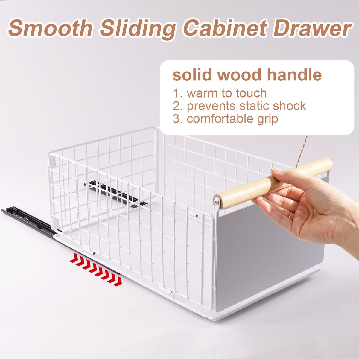 2 Pack Pull Out Cabinet Organizer Slide Out Storage Baskets with Wooden Handle, Spice Rack for Kitchen, Pantry Shelves No Drill Pullout Drawers for Under Sink, 6.6''H*9.3''W*15.7''D White 2 Pack