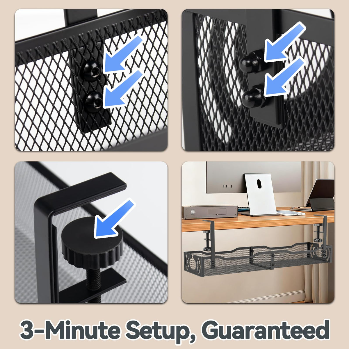 Cable Management, 25.3'' Under Desk Cable Management Tray No Drill 25.3 inch Black