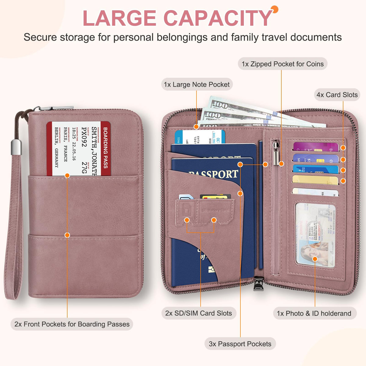 RFID Family Passport Holder Wallet - Travel Document Organizer Pink