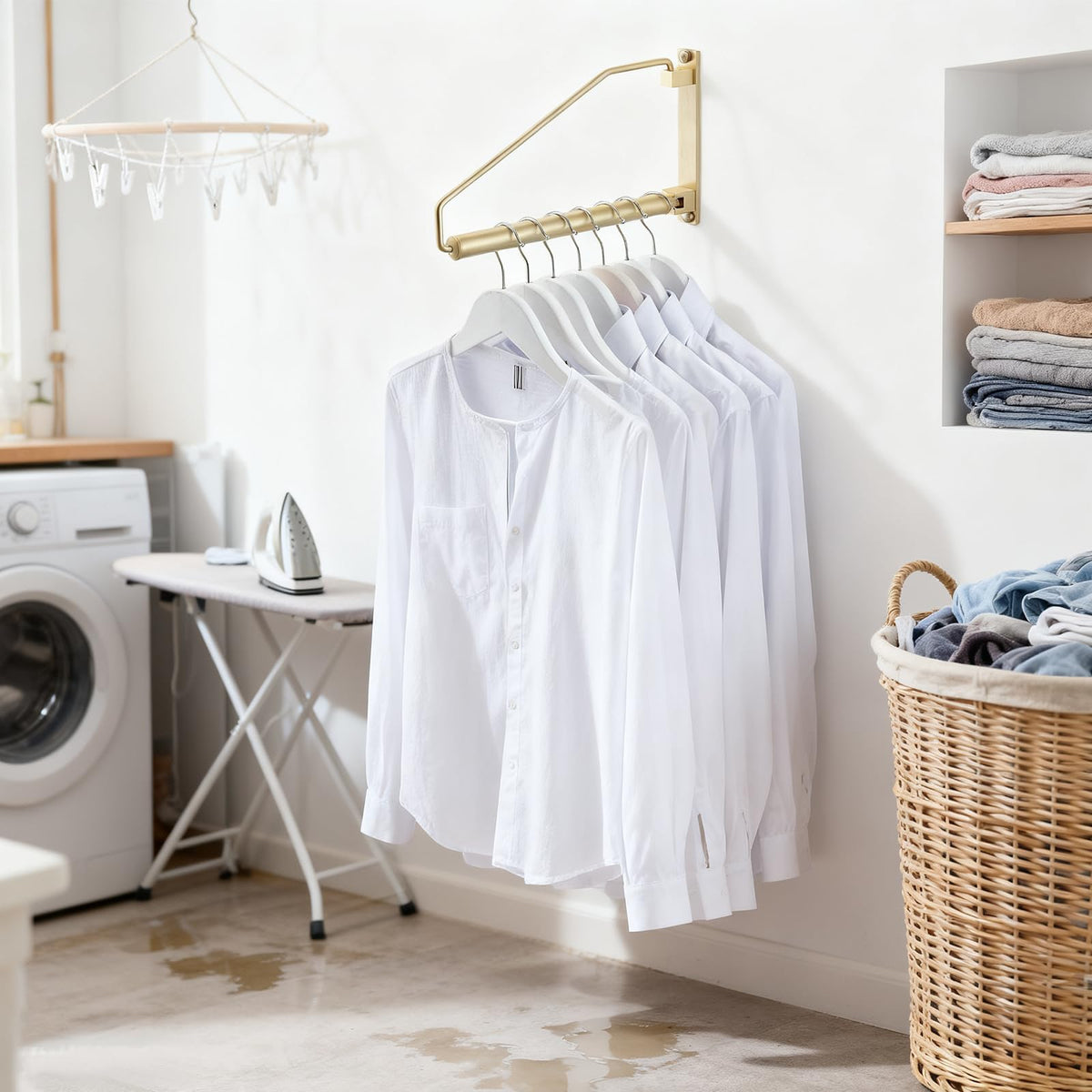 NEWRAIN Folding Wall Mounted Clothes Hanger Rack Clothes Hook Solid Brass with Swing Arm Holder Clothing Hanging System Closet Storage Organizer Heavy Duty Drying Rack Wall Mount,Brushed Gold Triangle Brushed Gold