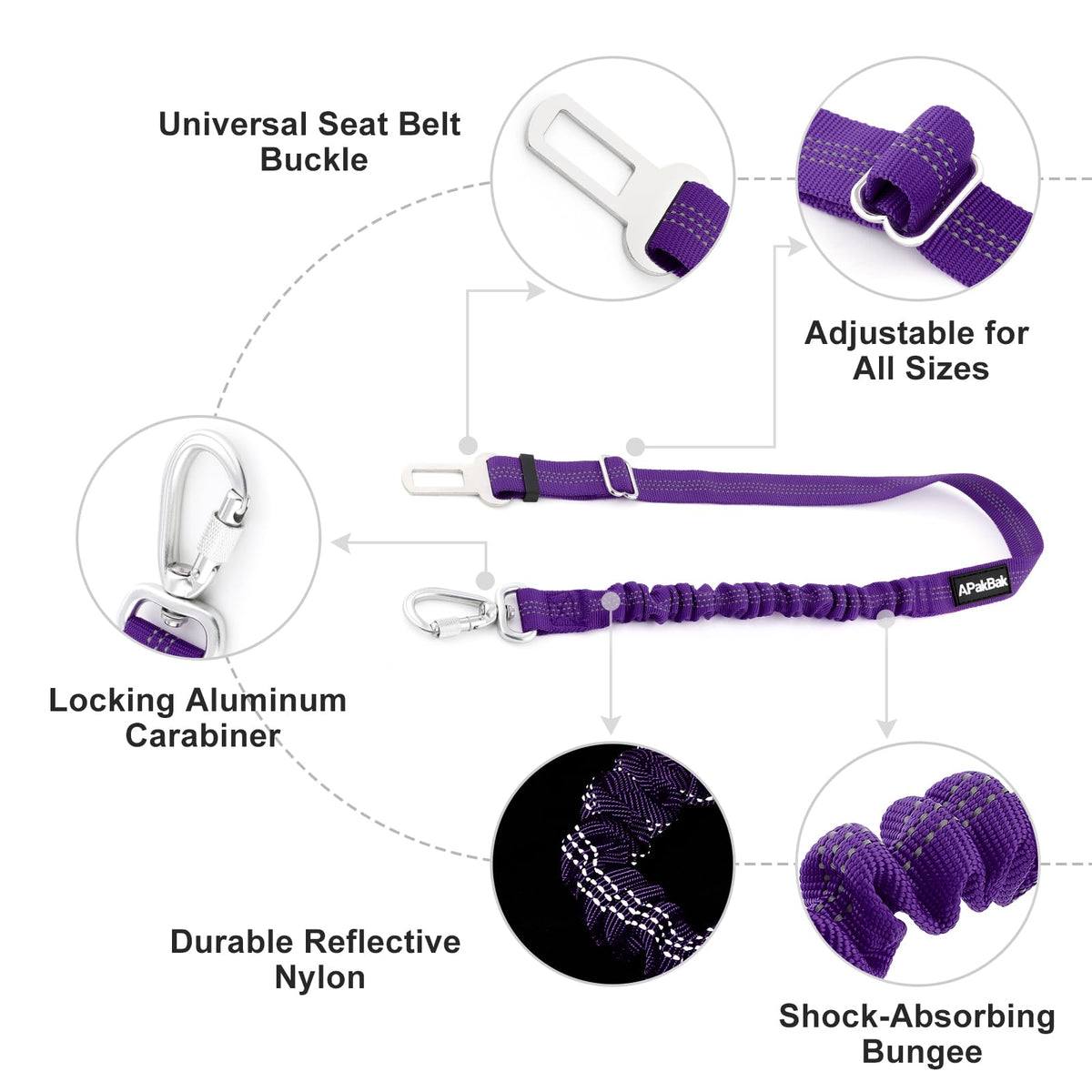 Dog Seat Belt for Car, Car Harness with Locking Aluminum Hook Purple