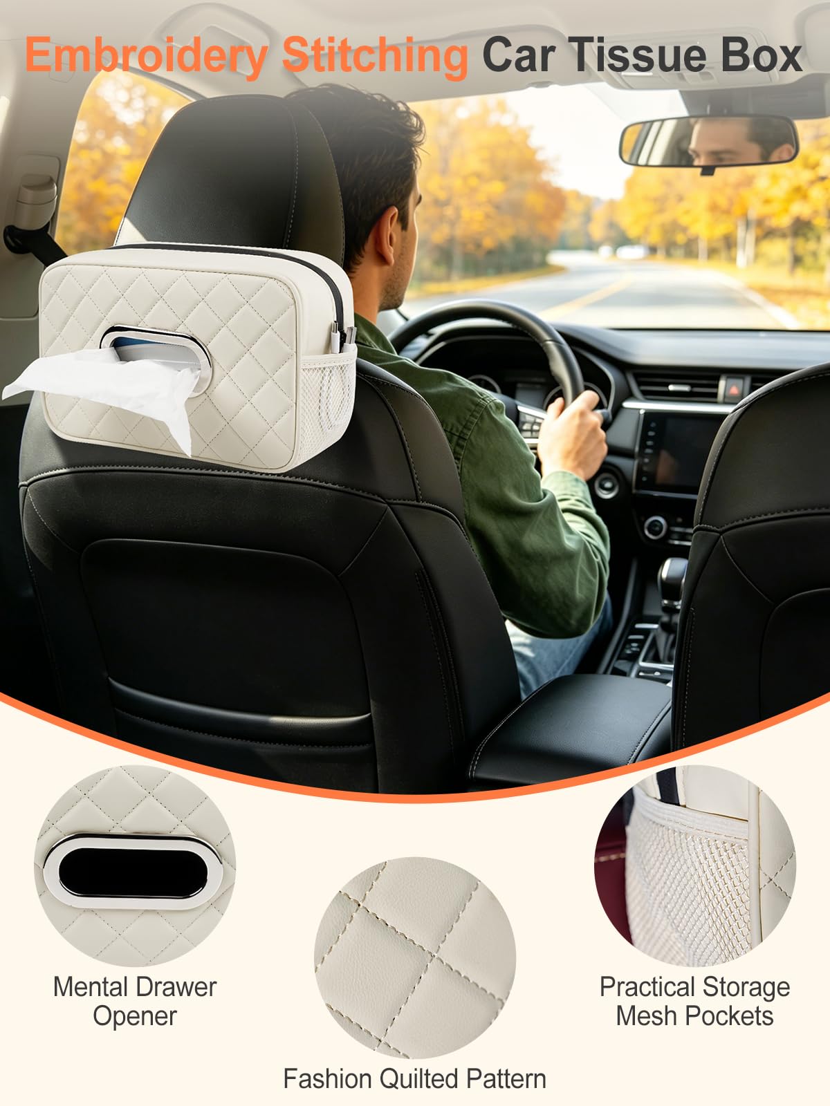 2PCS Multi-Functional Car Tissue Holder with ‌2 Tuck Nets, Tissue Box Cover 2pack Deep Black