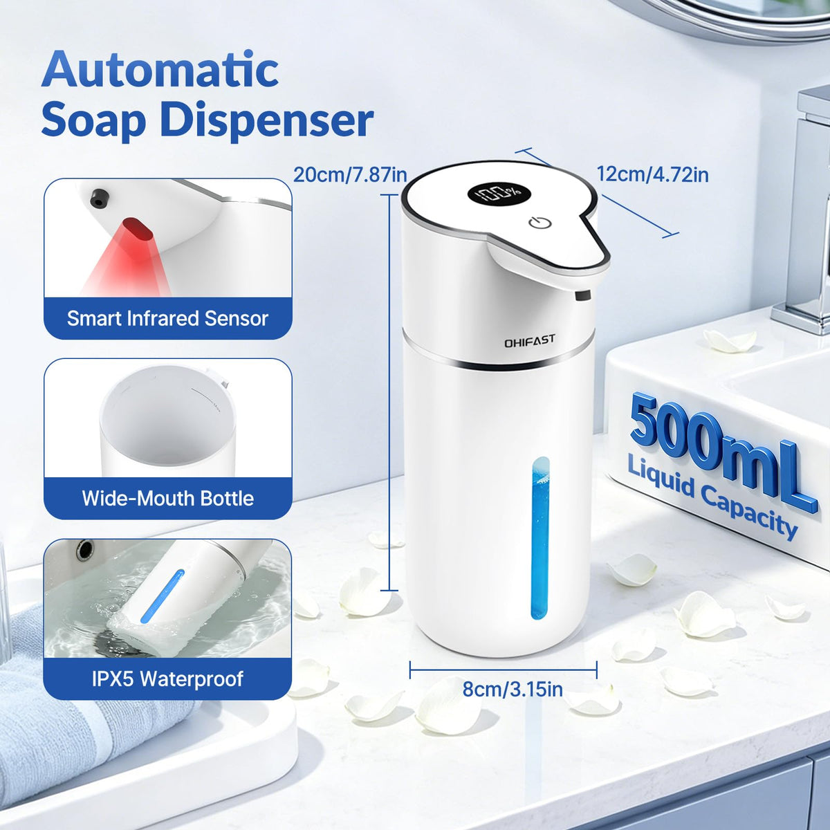 Automatic Liquid Soap Dispenser Touchless,6-Level Adjustable,USB Rechargeable Smart Soap Dispenser,16.9oz/500mL Compatible with Thick Thin Dish/Hand Soap for Bathroom Accessories Kitchen Sink-White White Gel