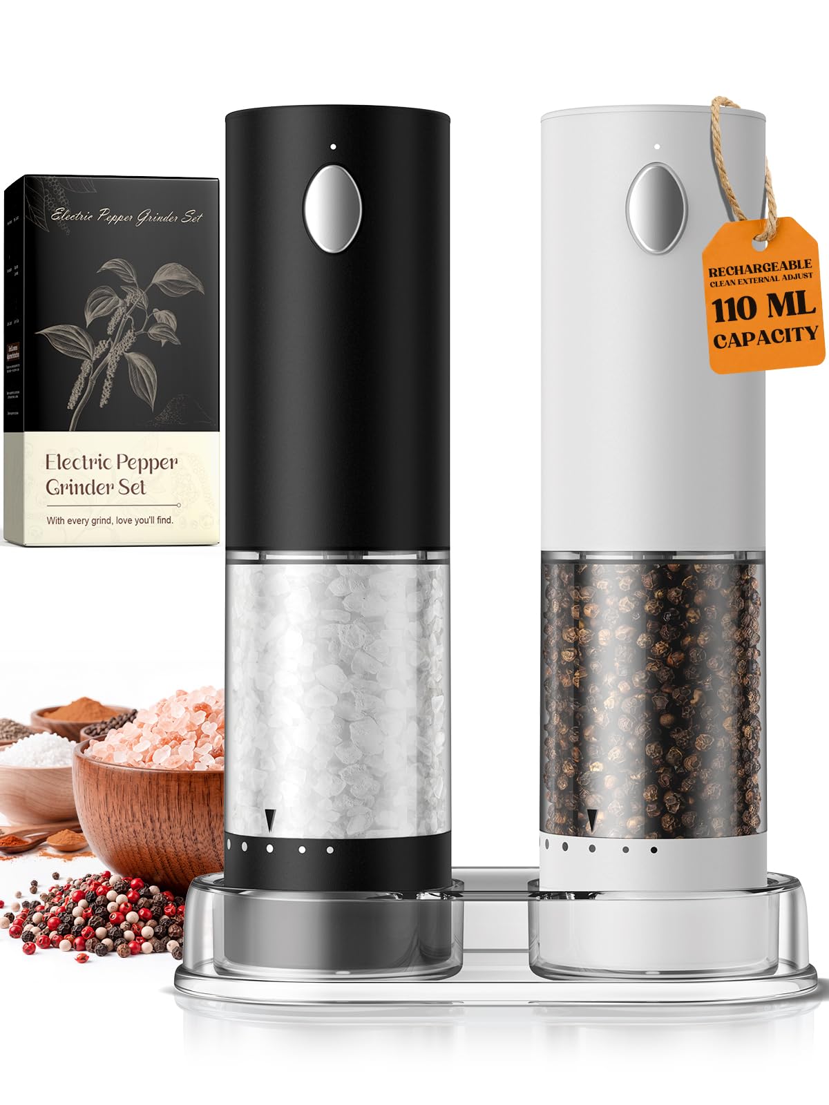 Electric Salt and Pepper Grinder Set, Battery Automatic Salt and Pepper Shaker with Adjustable Coarseness, Large Capacity Pepper Mill with LED White Elephant Gifts(Battery-Stainless Steel) Battery-Stainless Steel 2-Pack