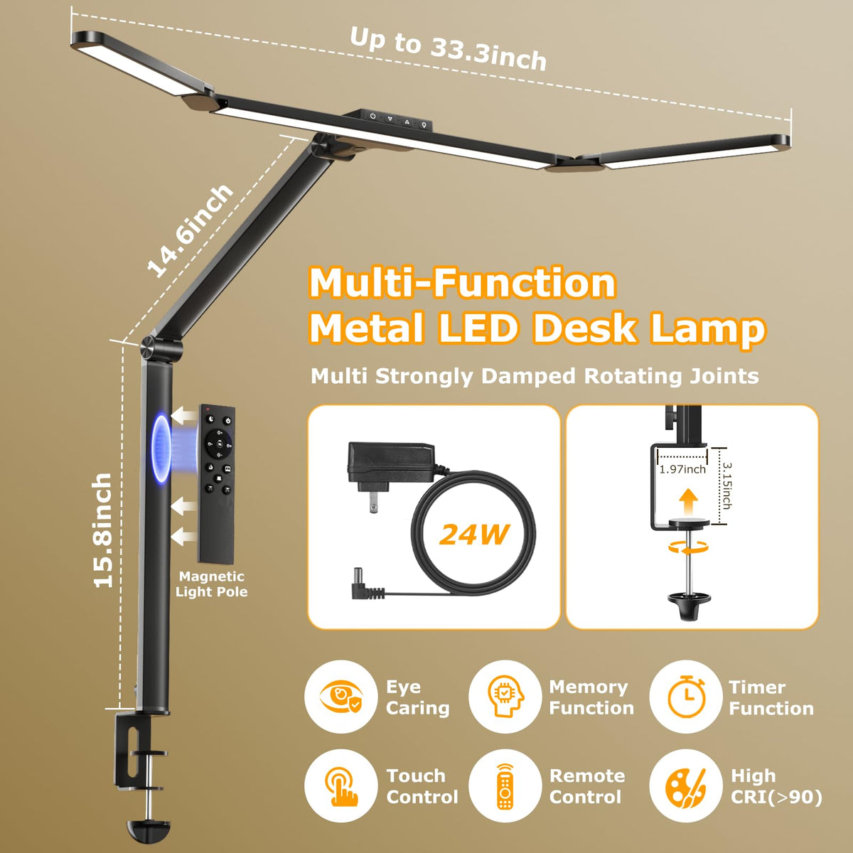Airlonv LED Desk Lamp with Clamp, 17" Stepless Dimming Light, Black Standard