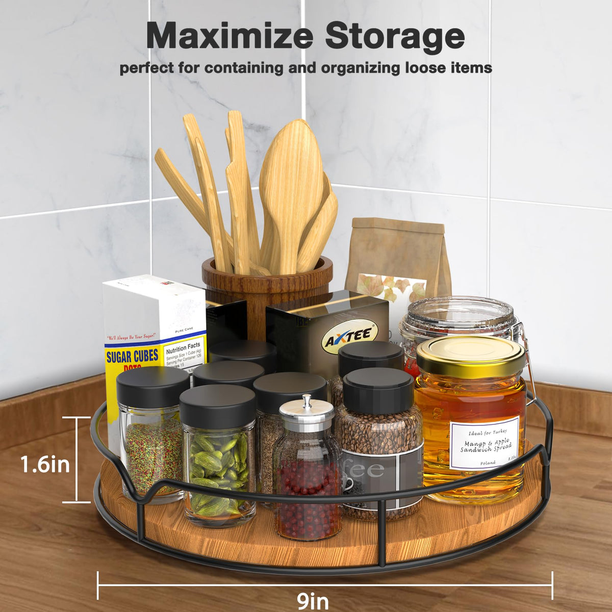 Lazy Susan Turntable Organizer for Cabinet Pantry Kitchen Countertop Refrigerator Cupboard, Pine Wood, 9", Carbonized Black 9''