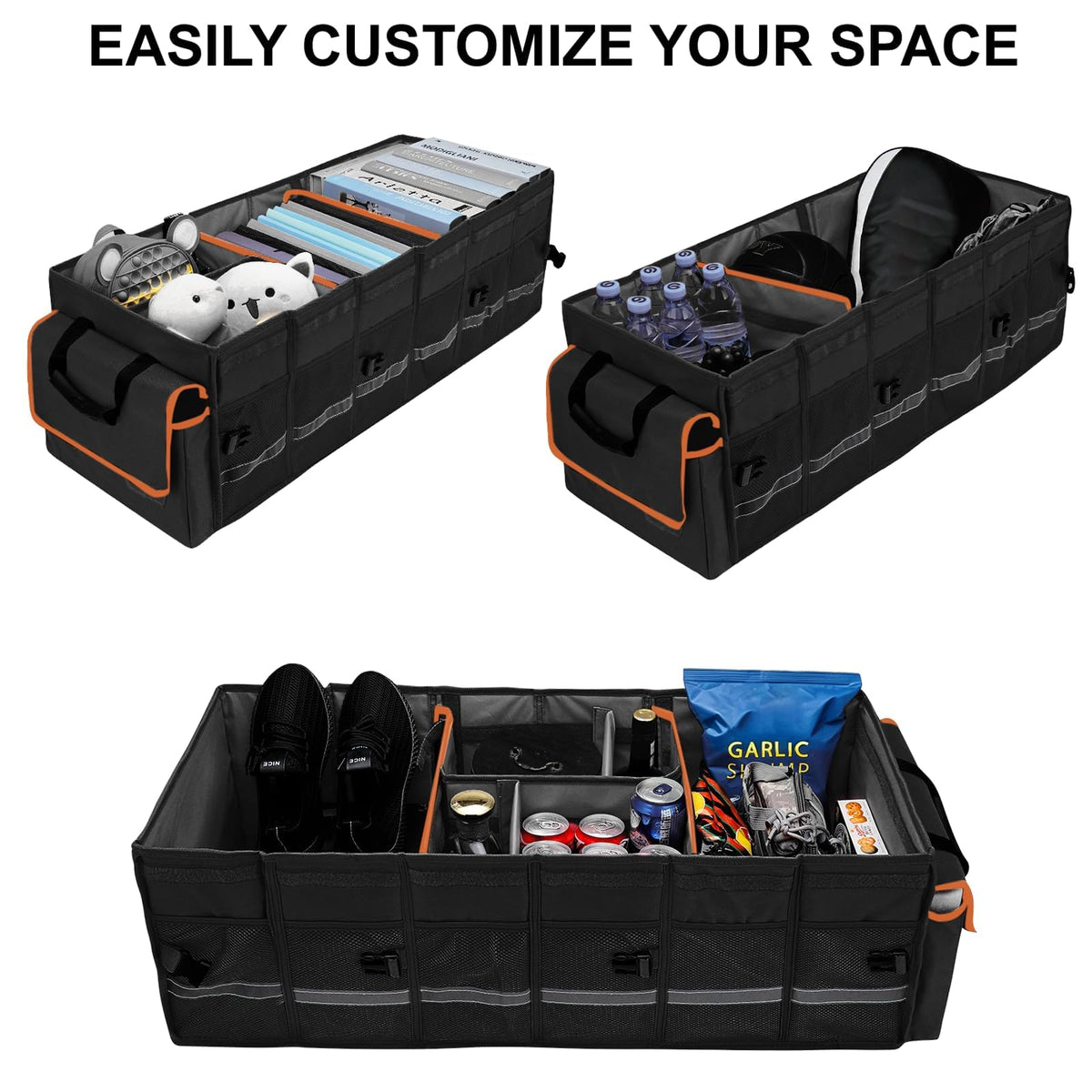 Car Trunk Organizer and Storage with Lid & Removable Leakproof Cooler Bag, Car Accessories 6 Removable Dividers for Custom Space, Collapsible Large Trunk Organizers Interior for SUV Sendan with Cover Black