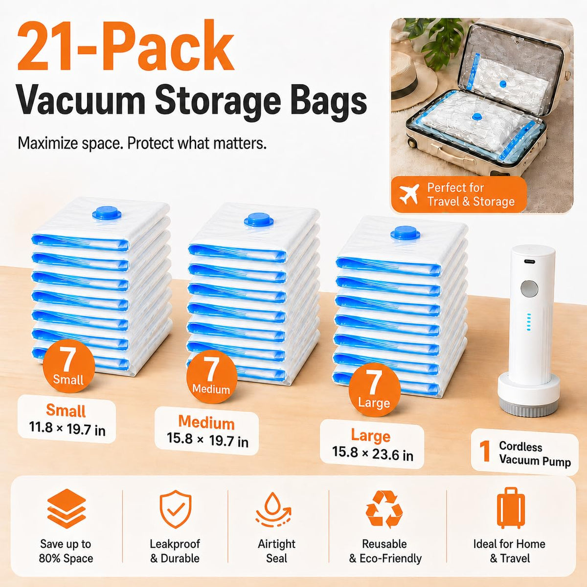 12 Pack Vacuum Bags for Travel with Rechargeable Pump, Save Luggage Space Clear 12 Combo