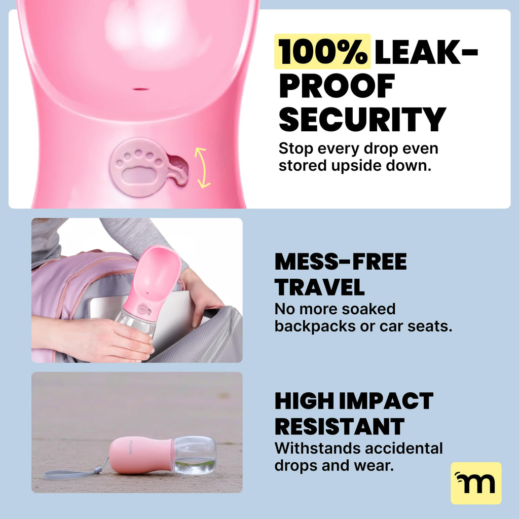 MalsiPree On the Go Dog Water Bottle - 12 oz Pink, Leak-Proof