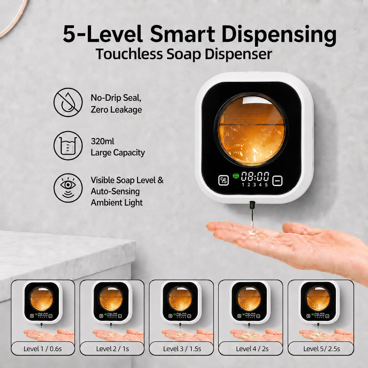 Automatic Soap Dispenser Touchless, Wall Mount, Rechargeable, Mood Lighting Black