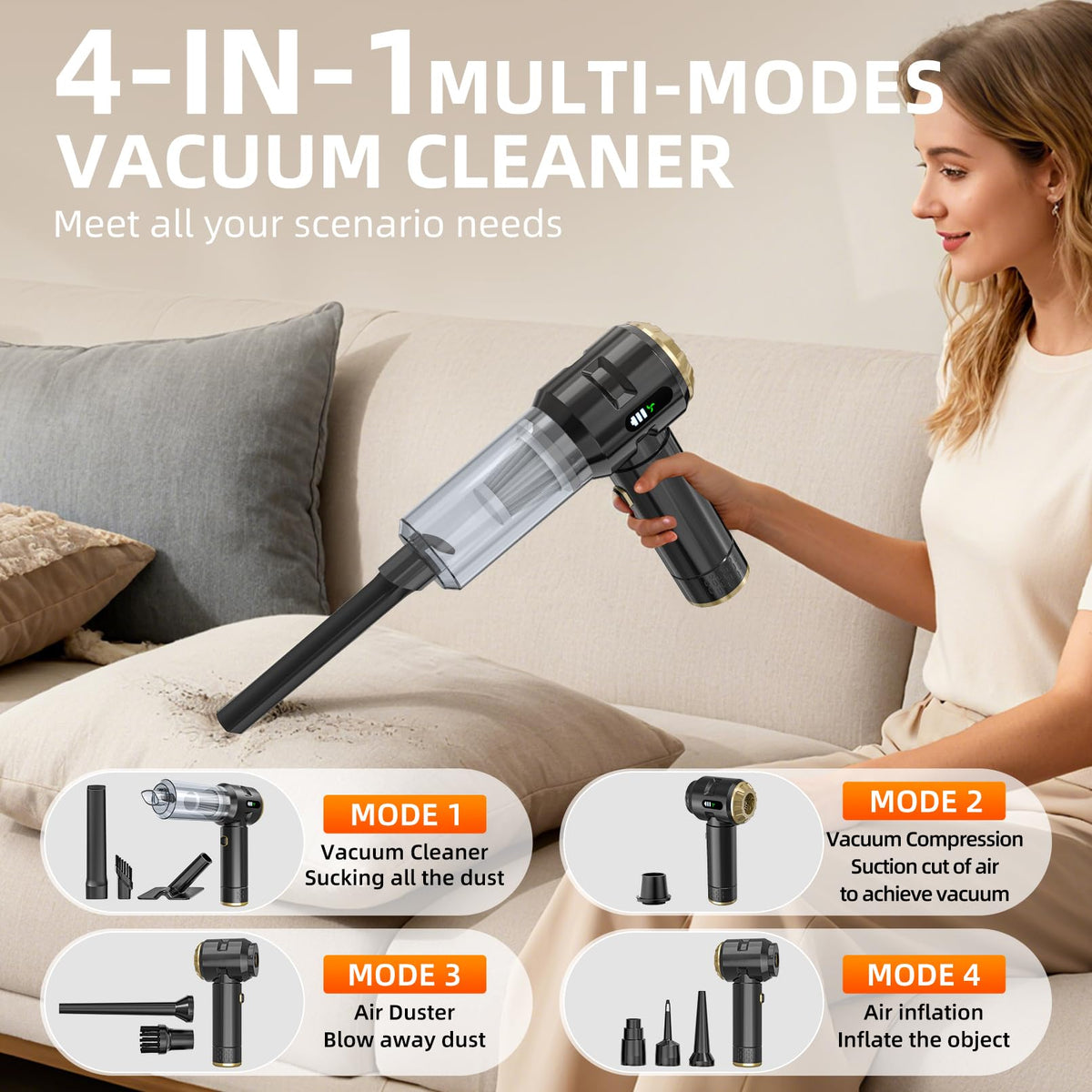 Handheld Vacuum Cleaner Cordless, 23000Pa Powerful Car Mini Vacuum Cleaner, Rechargeable Portable Lightweight dust Catcher for Home Car Carpet Stairs Pet Hair Deep Cleaning（Black-Gold）. Black-gold