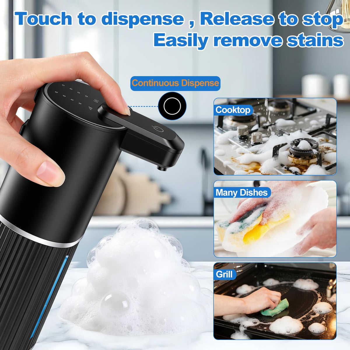 Automatic Soap Dispenser, Foaming Soap Dispenser Touchless with Continuous Dispensing, 4-Level Adjustable, Rechargeable Hand Soap Dispensers, Wall Mounted or Countertop for Bathroom & Kitchen Gold
