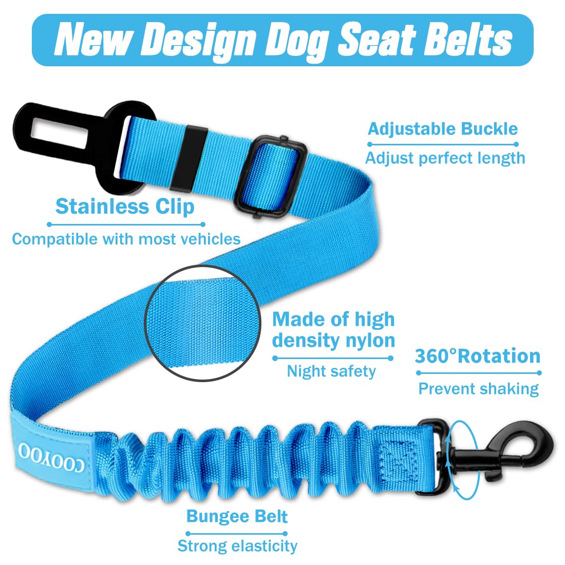 COOYOO Dog Seat Belt,3 Piece Set Retractable Dog Car Harness Adjustable for Vehicle Nylon Pet Safety Heavy Duty & Elastic Set 03-Black+Blue