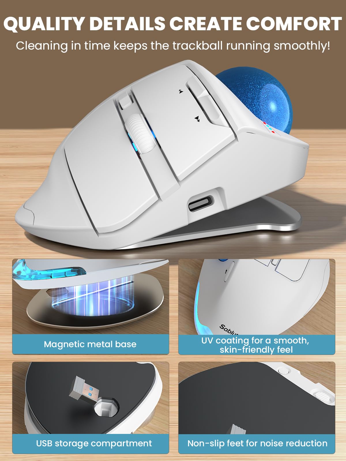 Ergonomic Wireless Trackball Mouse, Rechargeable Adjustable 0°/18° Angle Gray ball