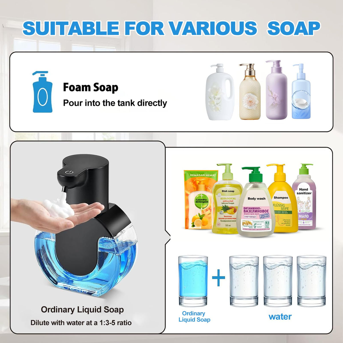 Automatic Foaming Soap Dispenser, 15oz/420ml Smart Hand Soap Dispensers, Touchless Wall Mount with 4-Level Adjustable, Rechargeable Foaming Hand Soap Dispenser for Bathroom Kitchen Office Black 1