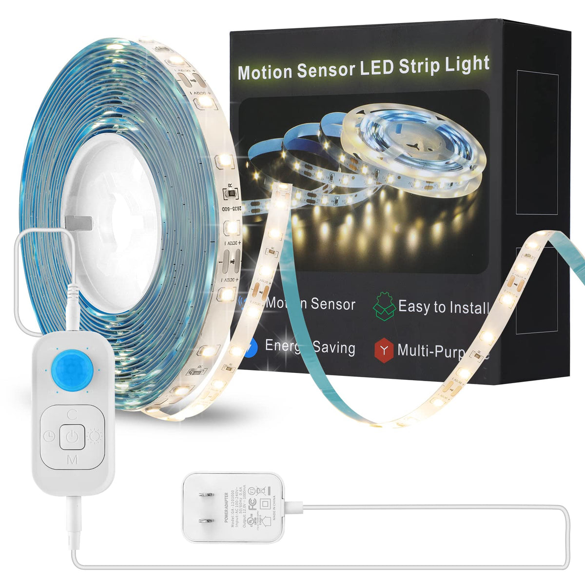 Motion Sensor Led Light Strip - Under Cabinet Lighting with Power Adapter Cold White 16.4ft
