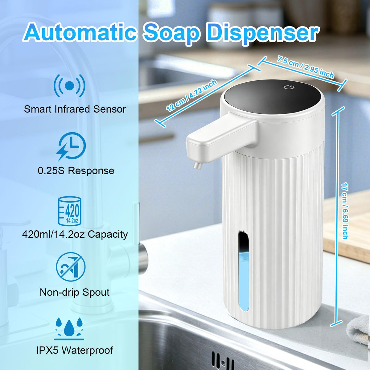 Automatic Liquid Soap Dispenser Touchless, Rechargeable, Adjustable White Gel