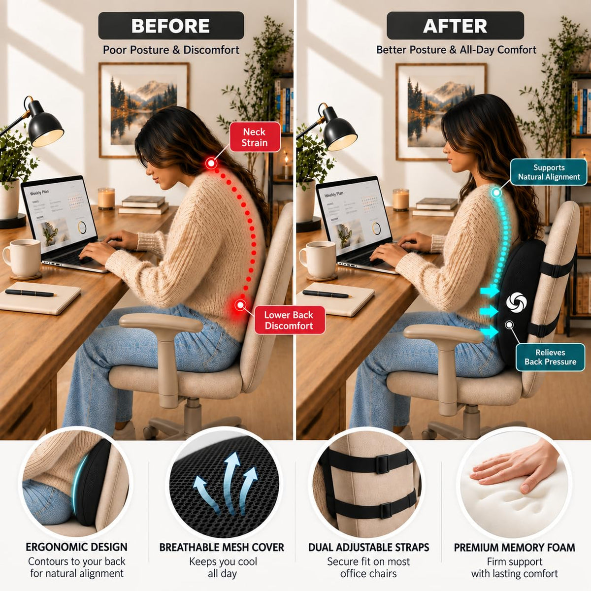 Samsonite Lumbar Support Pillow for Office Chair, Lower Back for...